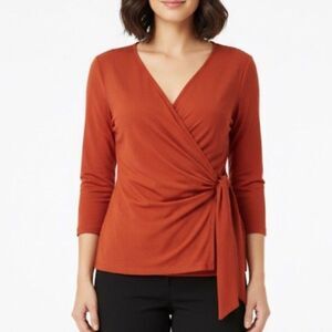 Karen Kane Dark Orange Semi-Sheer 3/4 Sleeve Draped Belted Wrap Style Top Size M